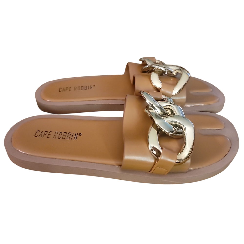Cape Robbin Tan Slide Sandals with Silver Chain - Picture 3 of 5